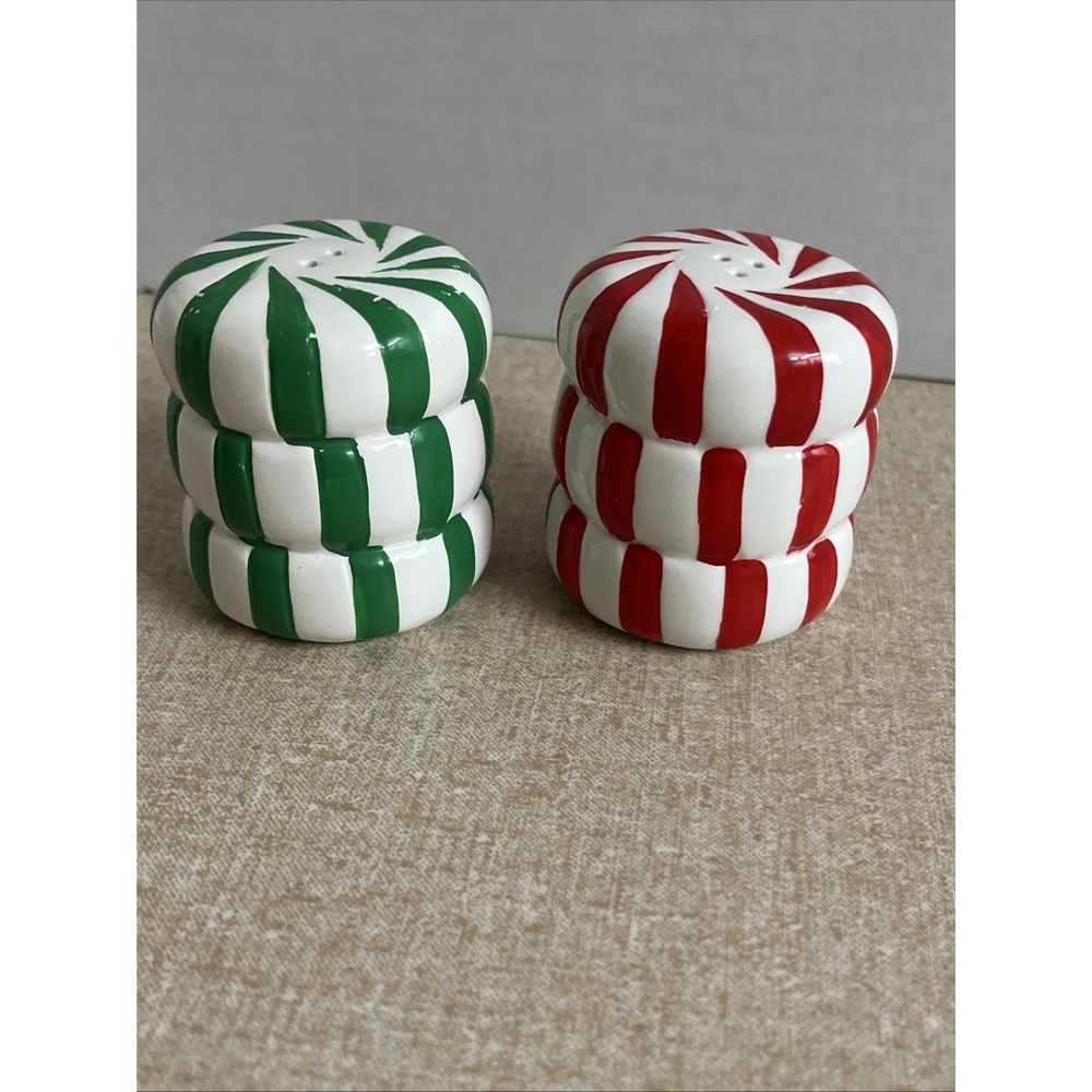Vtg Figis Y2K Stacked Christmas Peppermint  Candies Salt Pepper Shakers Winter